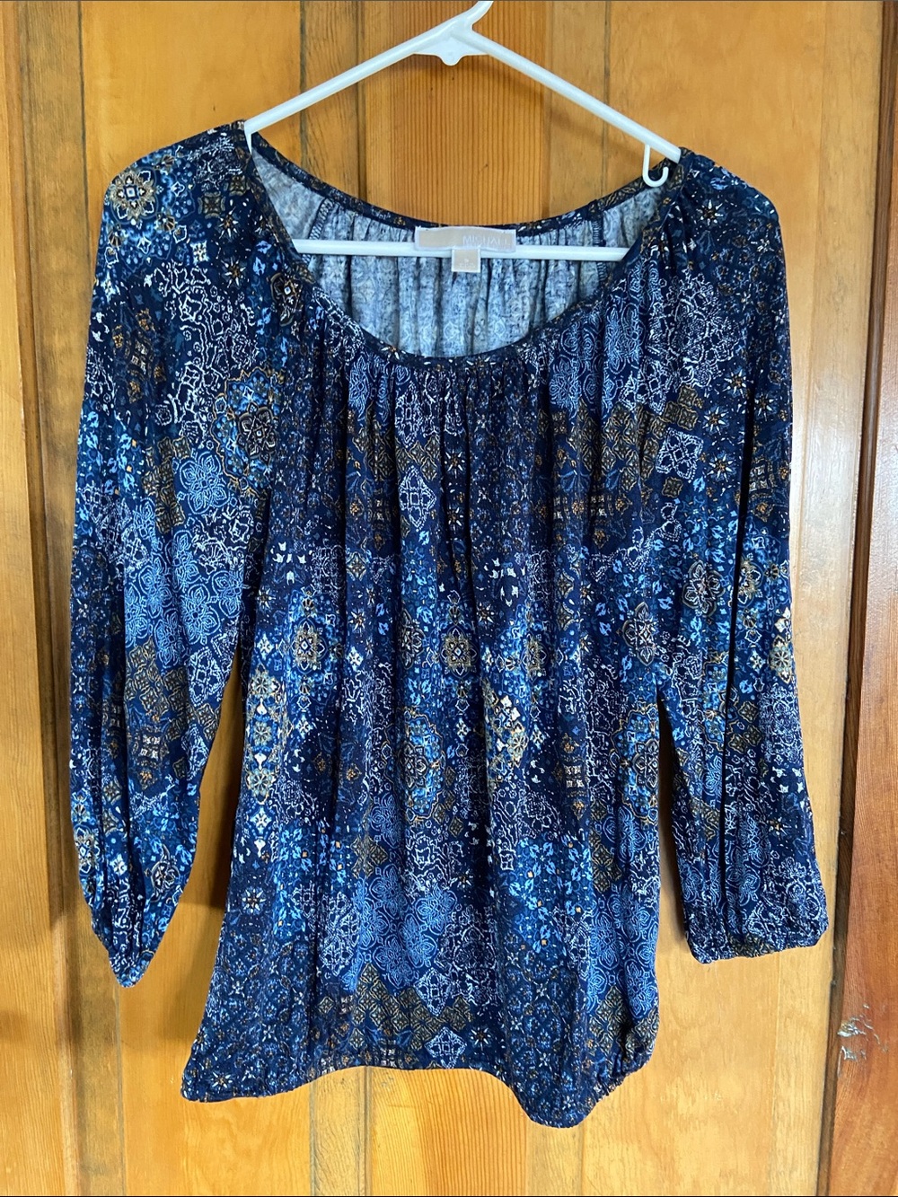 Michael Kors Blue and Gold Paisley Scoop-Neck Blouse